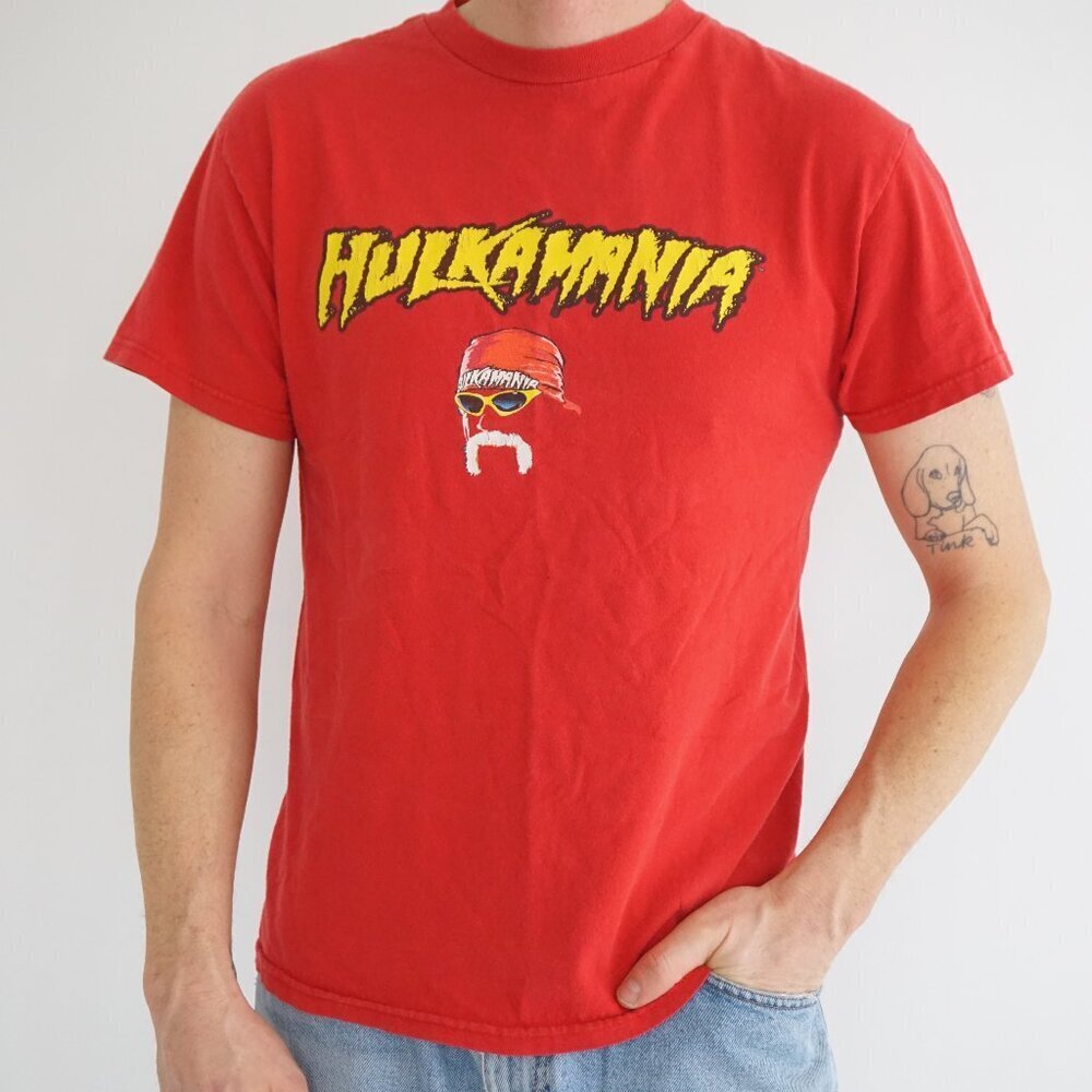 Vintage Y2K Red Hulkamania Wrestling WWF WWE Graphic Cotton Crewneck T Shirt M